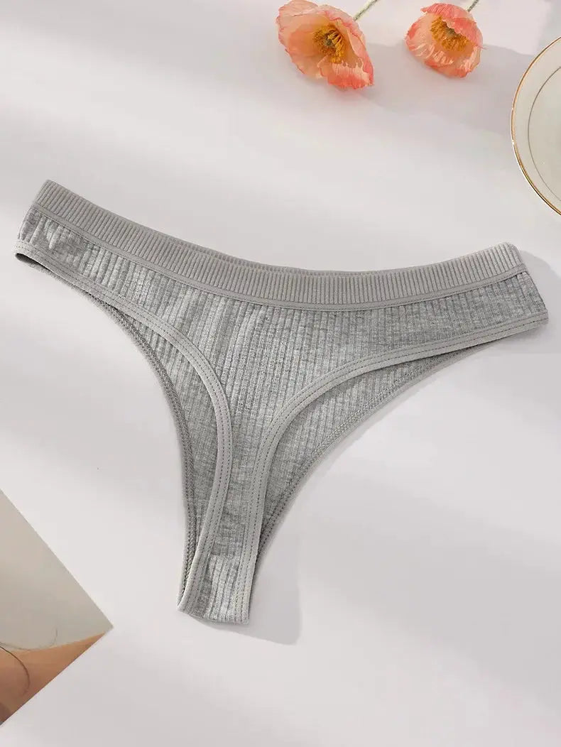 Gray striped ribbed cotton thong underwear for women with elastic waistband