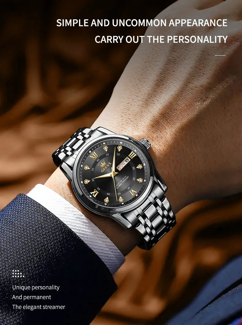 OLEVS 5513 stainless steel men's quartz watch with black dial, diamond markers, Roman numerals, dual calendar.