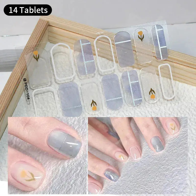 Full-cover nail stickers by Simples Market; 14 tablets in soft lavender with white line designs.