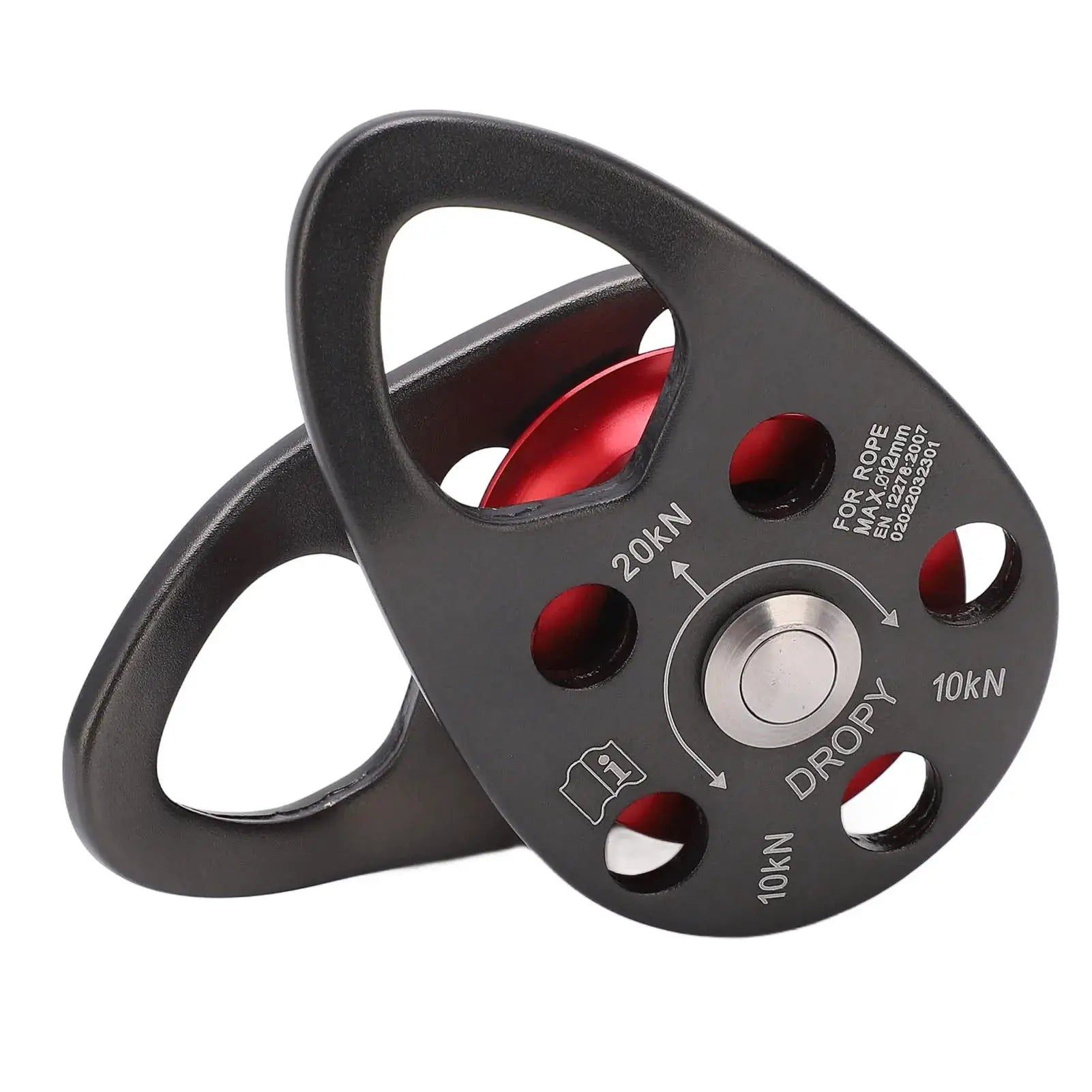 Portable aluminum alloy climbing pulley, black with red wheel, single fixed 20kN load rating
