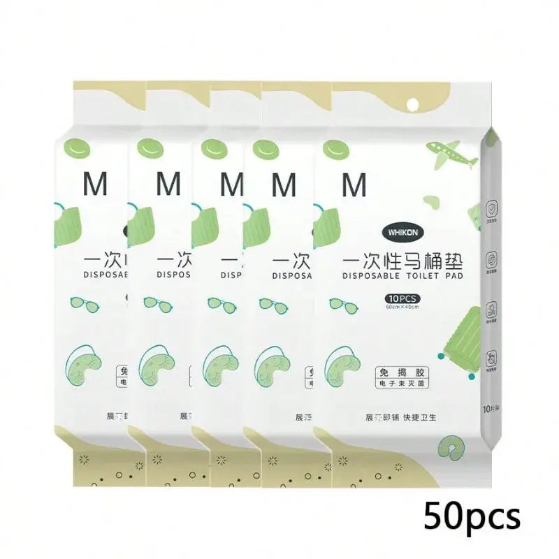Disposable toilet seat covers by Simples Market, WHIKON branded packaging, waterproof portable travel set, 50pcs