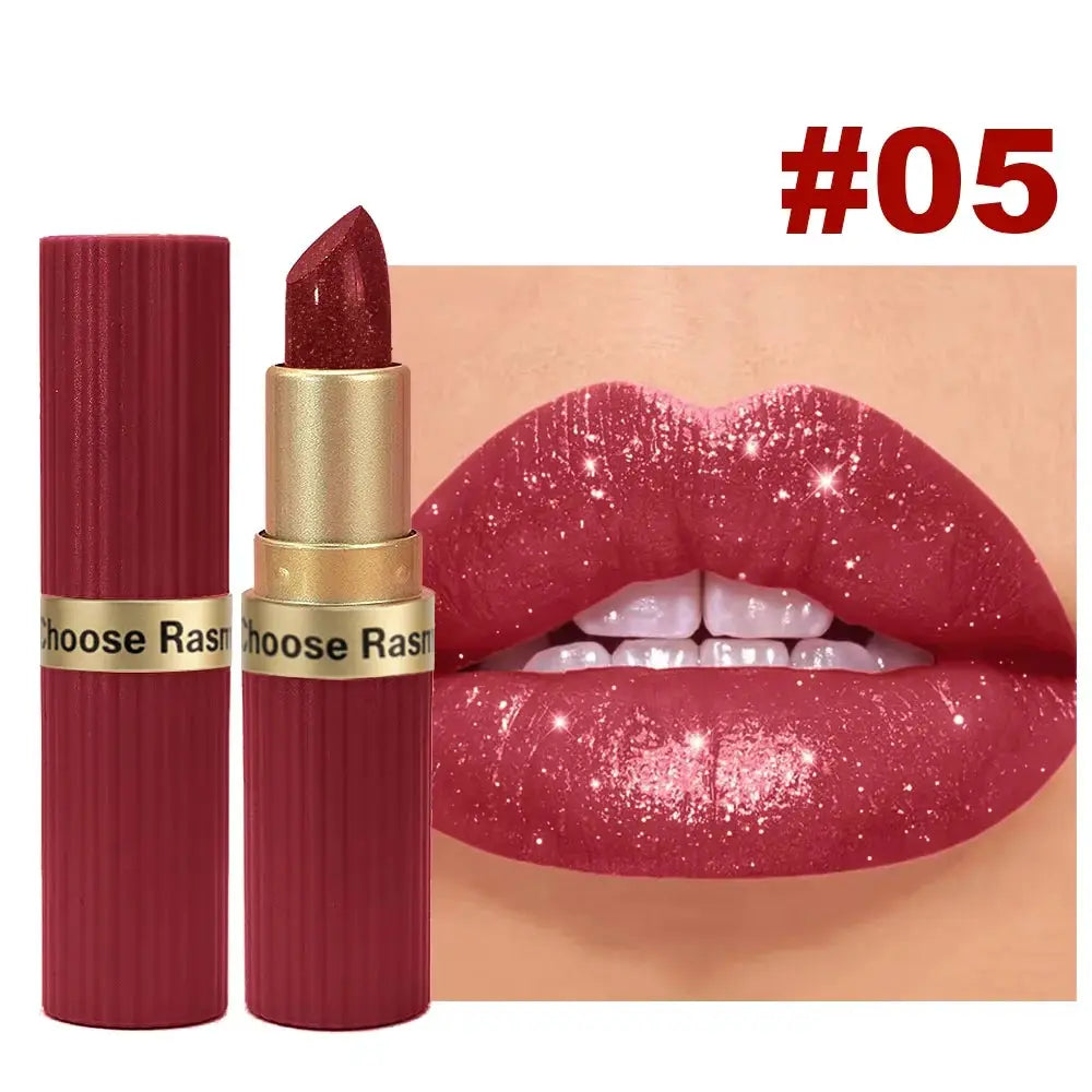 LuxeGleam Pearlescent Pink Glitter Velvet Lipstick Metallic Waterproof Long Lasting Matte Shimmer Finish