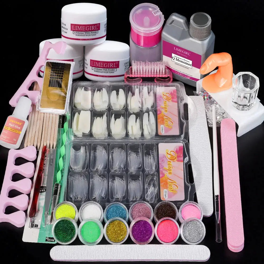 Nail art manicure kit with LIMEGIRL acrylic powders and monomer, glitter, tips and tools, Simples Market