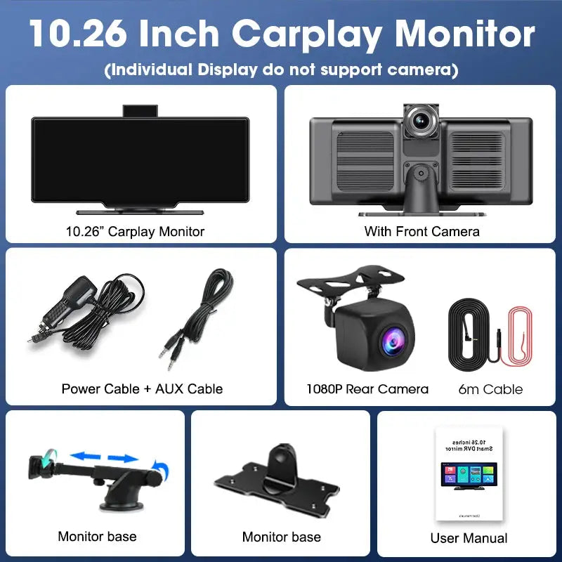 10.26 Inch Dash Cam Mirror 4K Player Wireless CarPlay Android Auto GPS