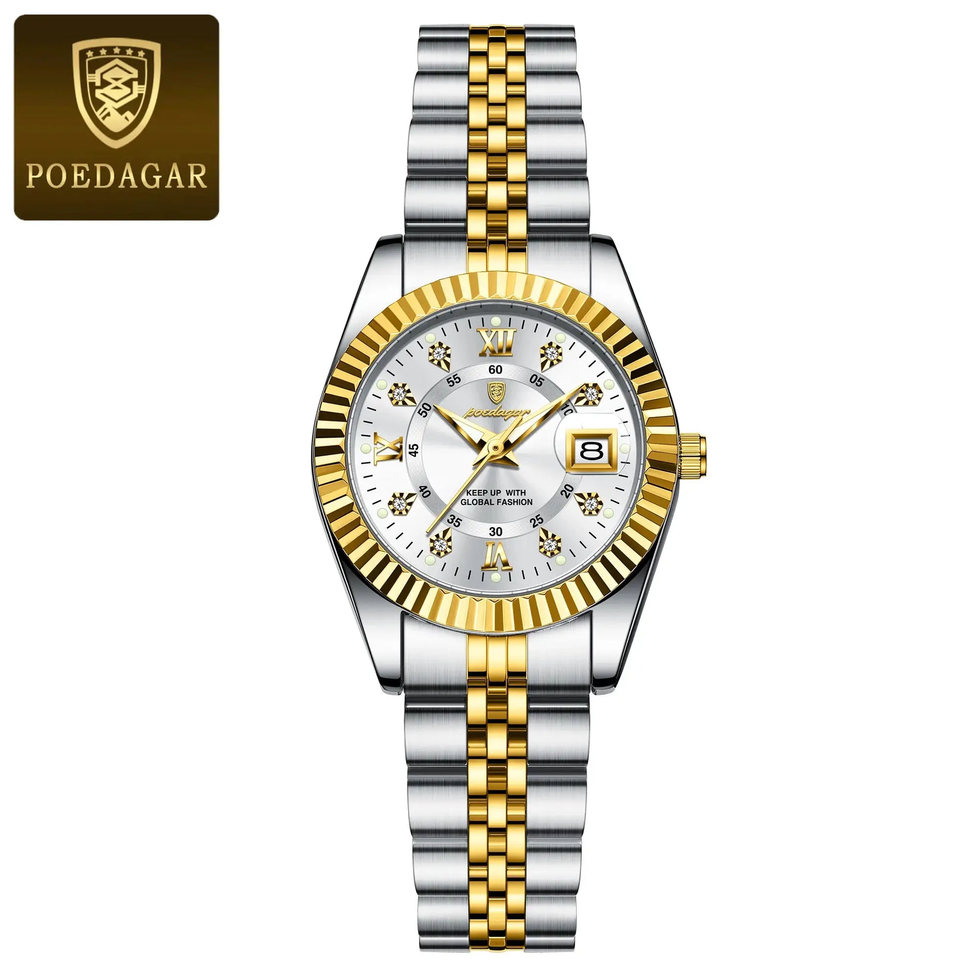 POEDAGAR luxury women's two-tone stainless steel watch with gold bezel and date window