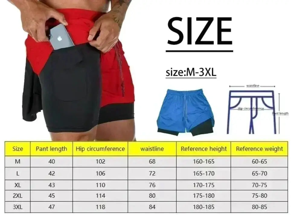 Simples Market men's 2-in-1 quick-dry running shorts; two shorts shown in red/black and blue, with size chart