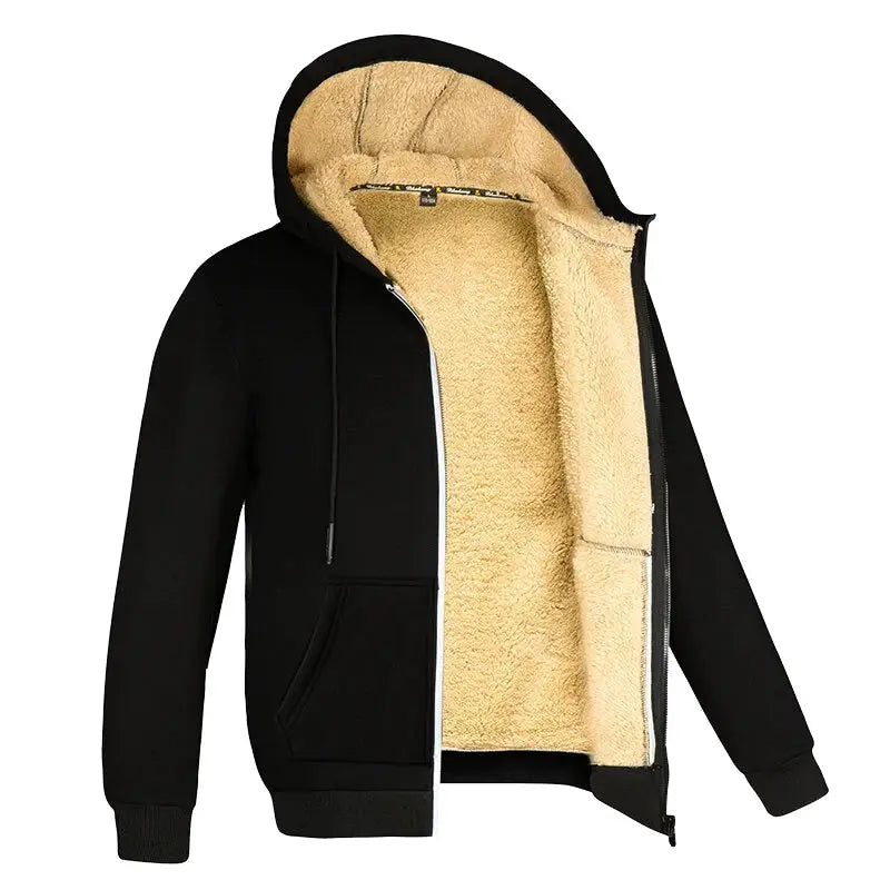 Black hooded fleece jacket with beige sherpa lining, zip front and front pockets