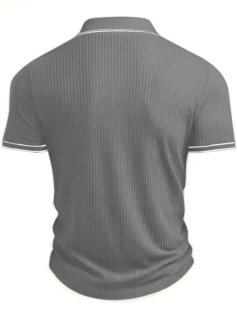 Men's short-sleeve polo shirt by Simples Market in gray ribbed fabric with white collar and sleeve trim
