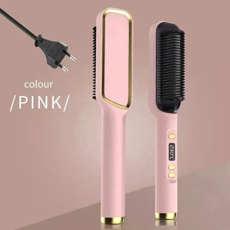 Simples Market pink electric hot comb multifunctional straightener brush with anti-scald design and digital controls