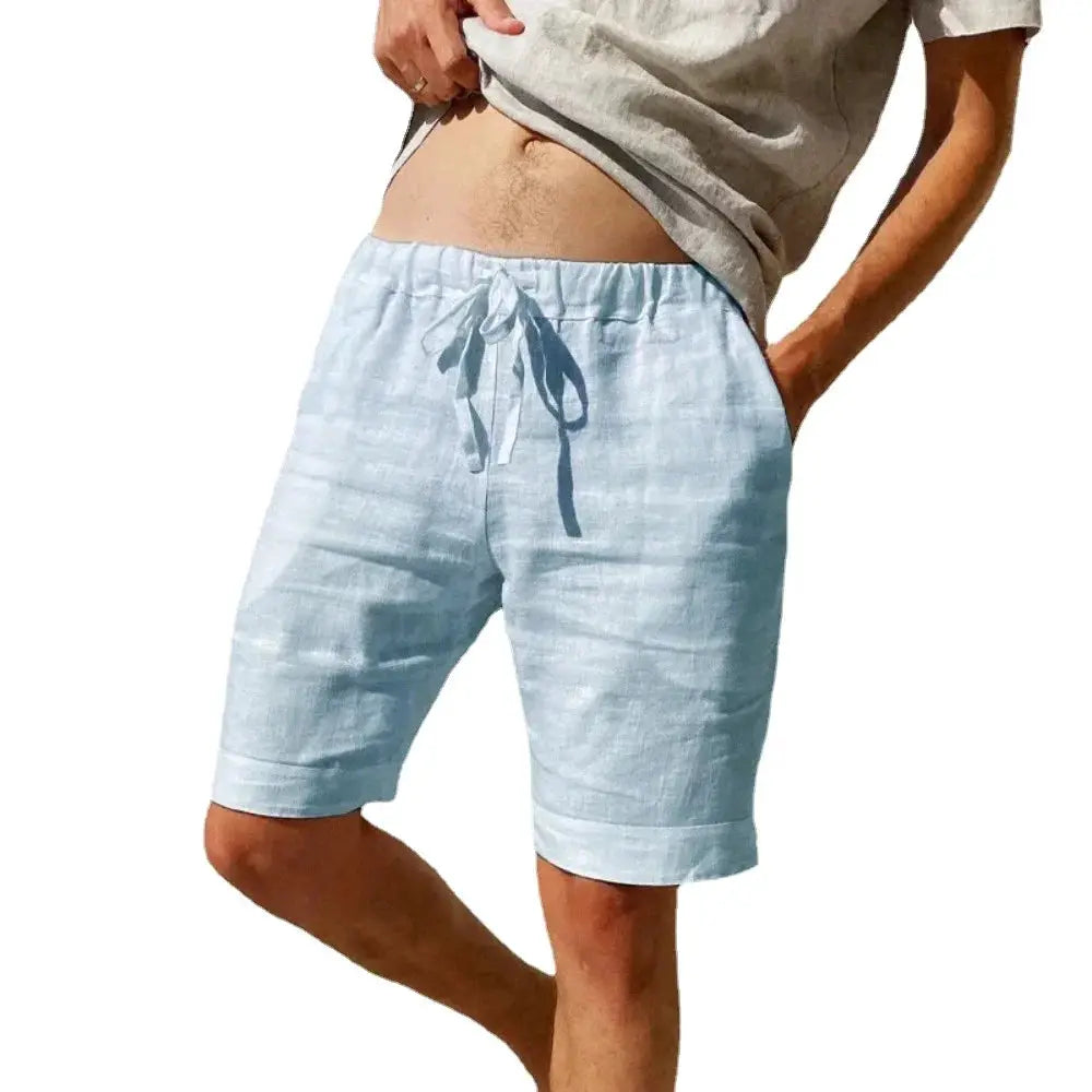 Simples Market men's cotton-linen breathable shorts, light blue knee-length with drawstring waist