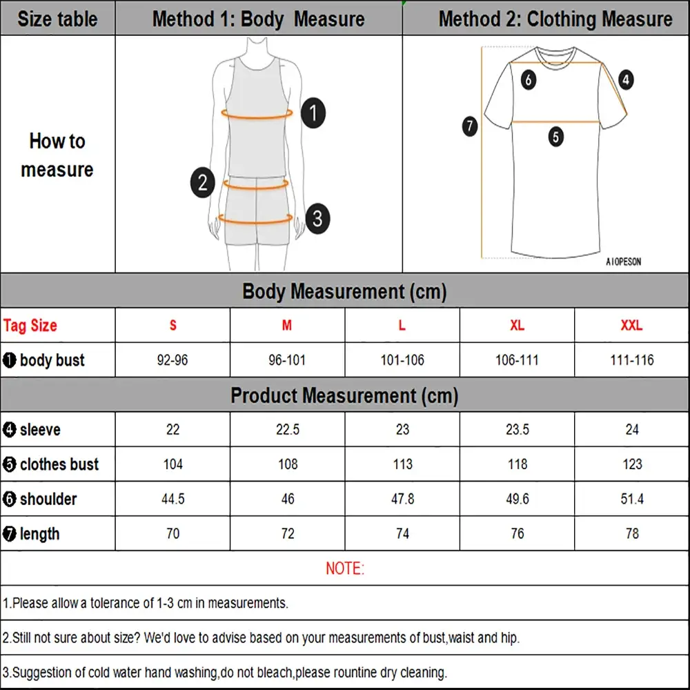 AIOPESON men's cotton polo shirt size chart with body and garment measurements, short sleeve
