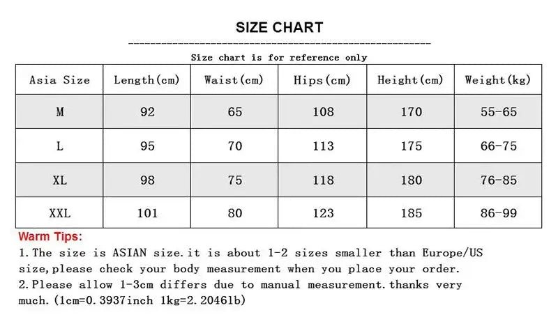 Gym pants size chart for Simples Market; Asia sizes M–XXL with length, waist, hips, height, and weight ranges.