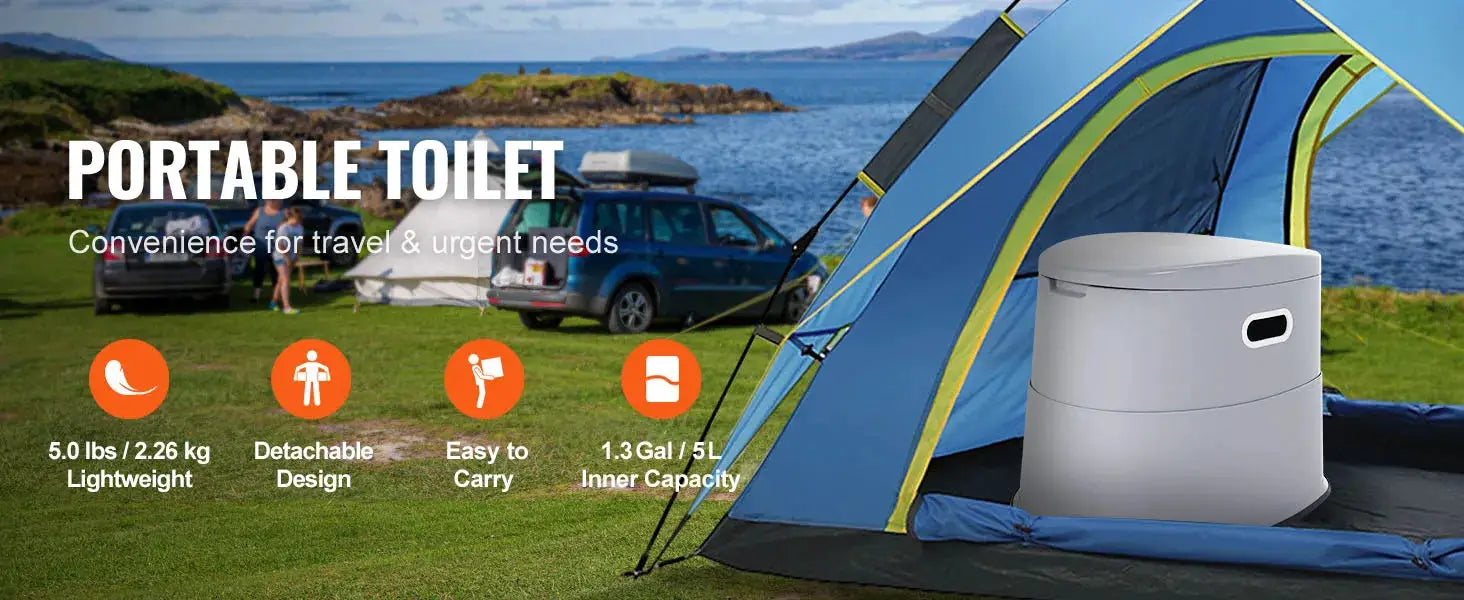 Portable camping toilet with detachable inner bucket and 1.3 gal capacity.
