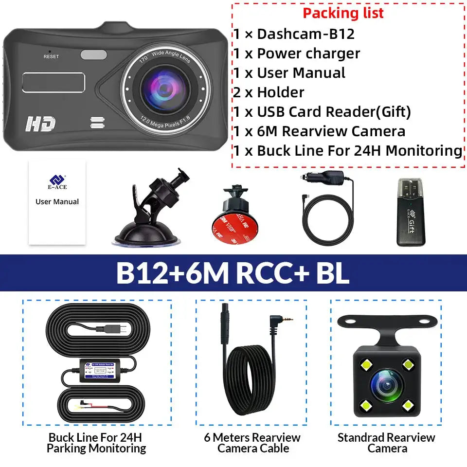 Simples Market Dashcam-B12 car DVR mirror with 1080P front/rear cameras, black; includes 3 accessories.