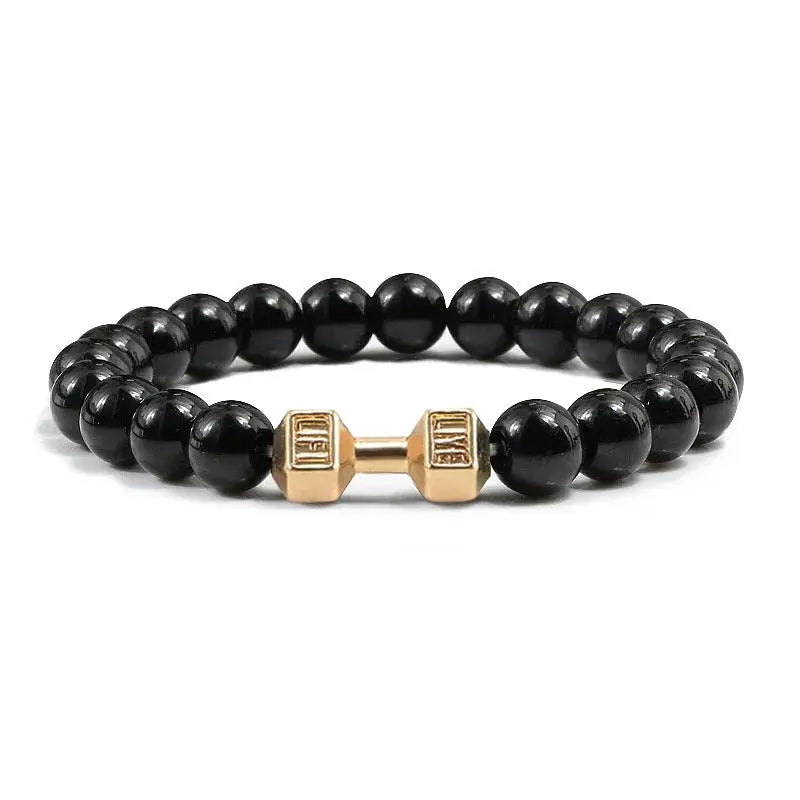 Natural Volcanic Stone Bracelet For Men And Women Matte Black Lava White Beads Dumbbell Charm Strand Fitness Jewelry