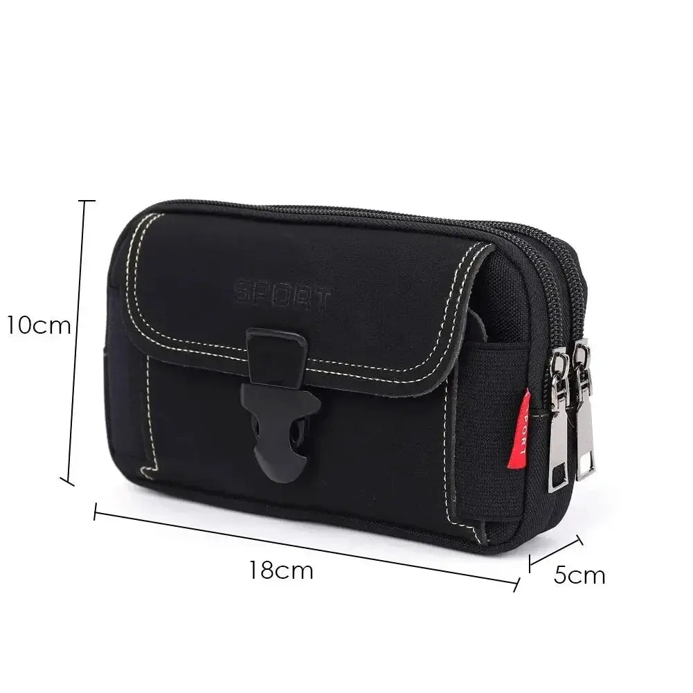 Phone belt pouch black with white stitching, front buckle, double side zippers, 18x10x5 cm