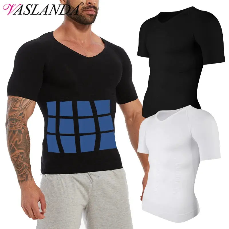 Men's slimming compression shirt body shaper V-neck undershirt, 3-pack in black, white and blue-panel; Vaslanda logo