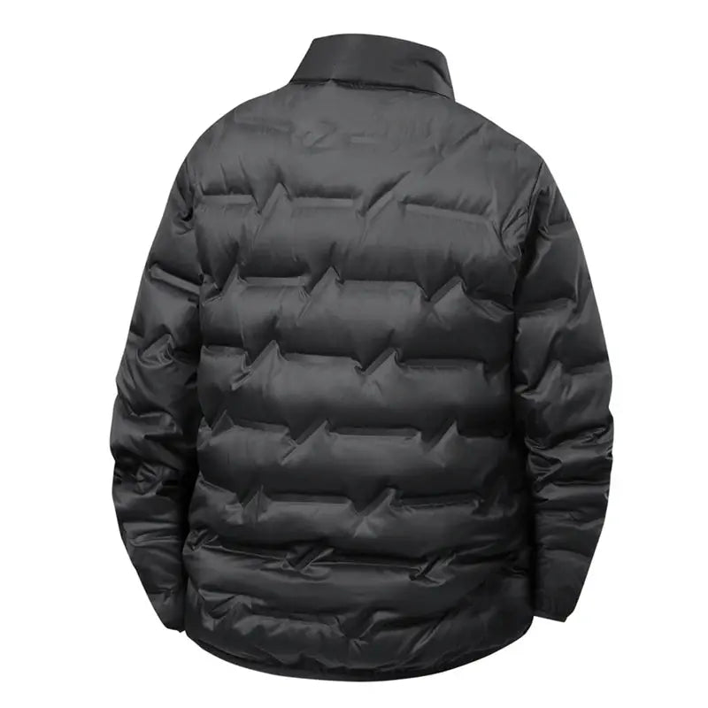 Simples Market men's puffer jacket; black duck-down, stand collar, waterproof windproof.