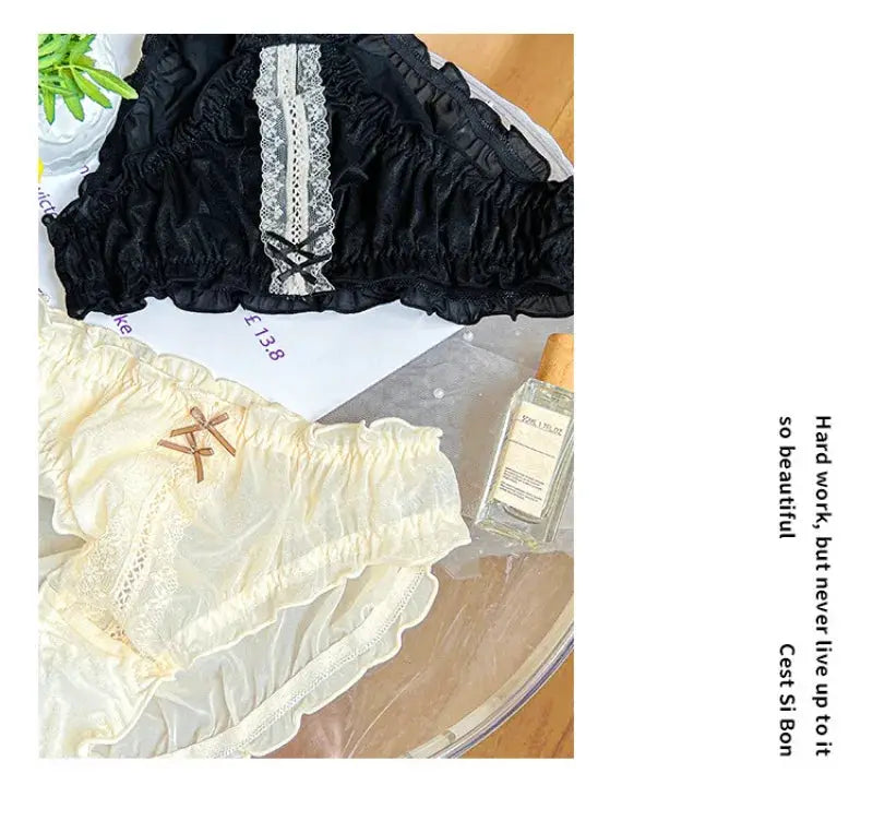 Simples Market 3XL women’s ice-silk panties set—black and ivory with lace, bows, and ruffles (2 pieces)
