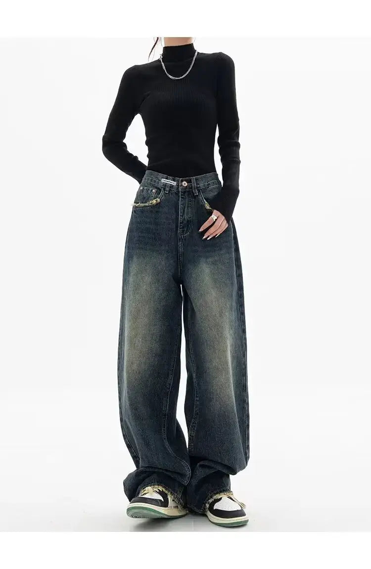 High Waist Wide Leg Jeans Women Harajuku Vintage BF Style Denim