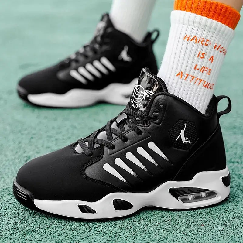 Simples Market men's black high-top basketball shoes, pair with white sole and side accents.