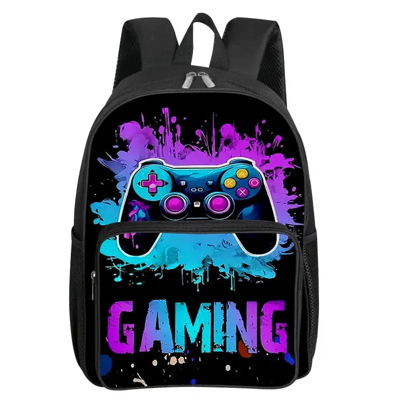 Backpack with GamePad pattern, black with blue gaming controller graphic and colorful splash, front pocket