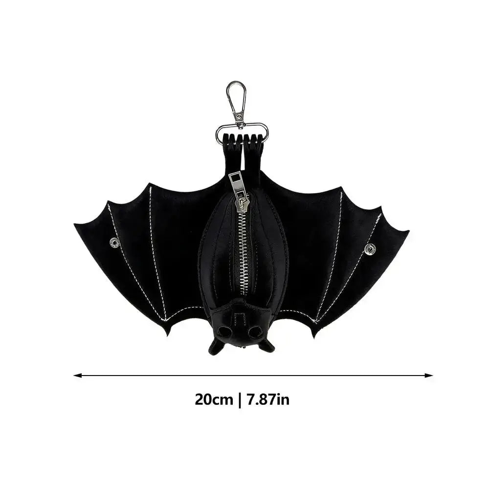 Bat-shaped PU leather coin purse with foldable wings, black, metal zipper, and keychain clip