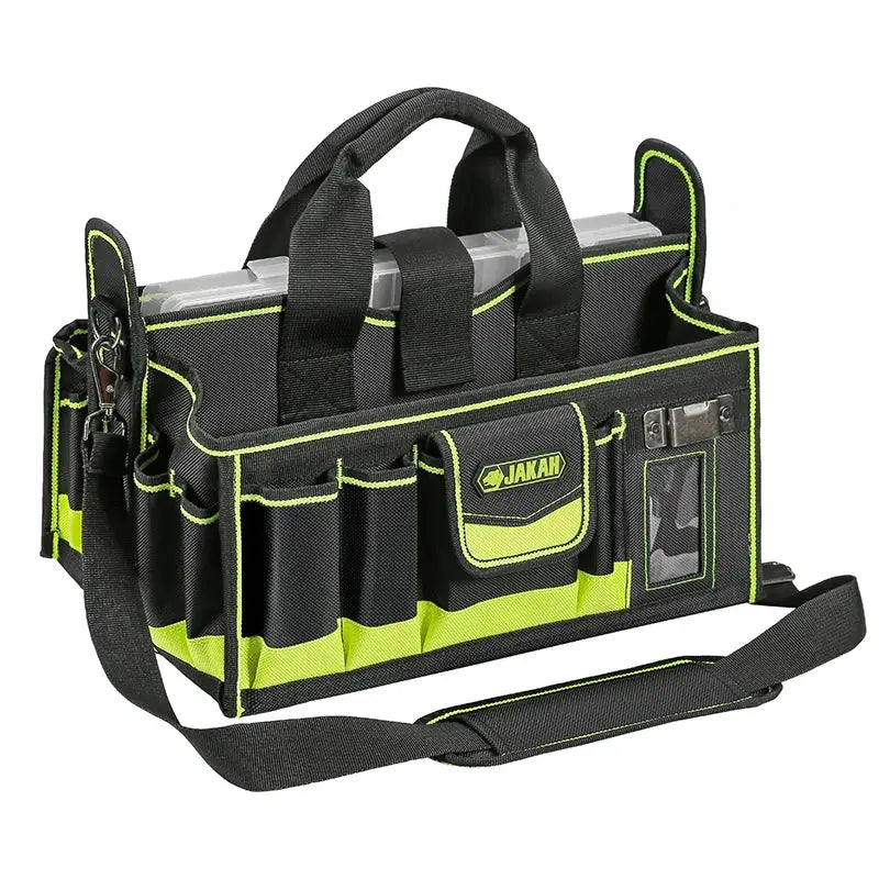 40-pocket tool tote by JAKAH in black and neon green with shoulder strap and clear ID window