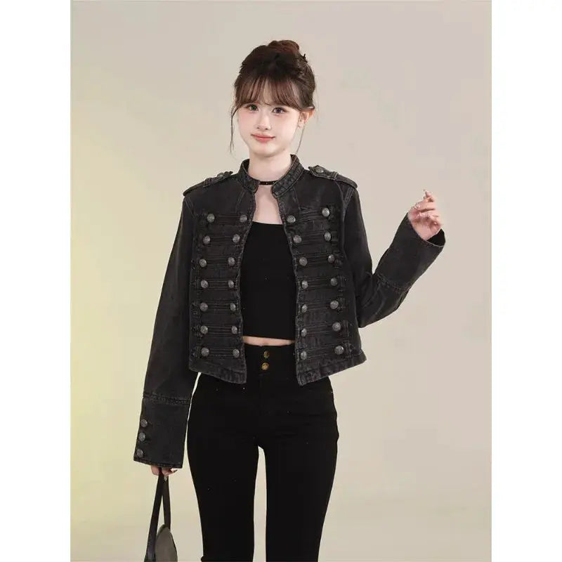 UrbanDenim Women's Short Coat Denim Jacket With Retro Button Design And Stand Up Collar For Slim Fit Autumn Winter Warmth