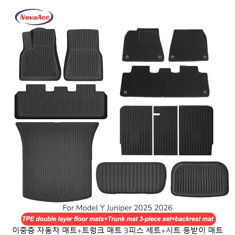 NovaAcc all-weather TPE floor mat set for Tesla Model Y Juniper 2025-2026 trunk and front and rear mats