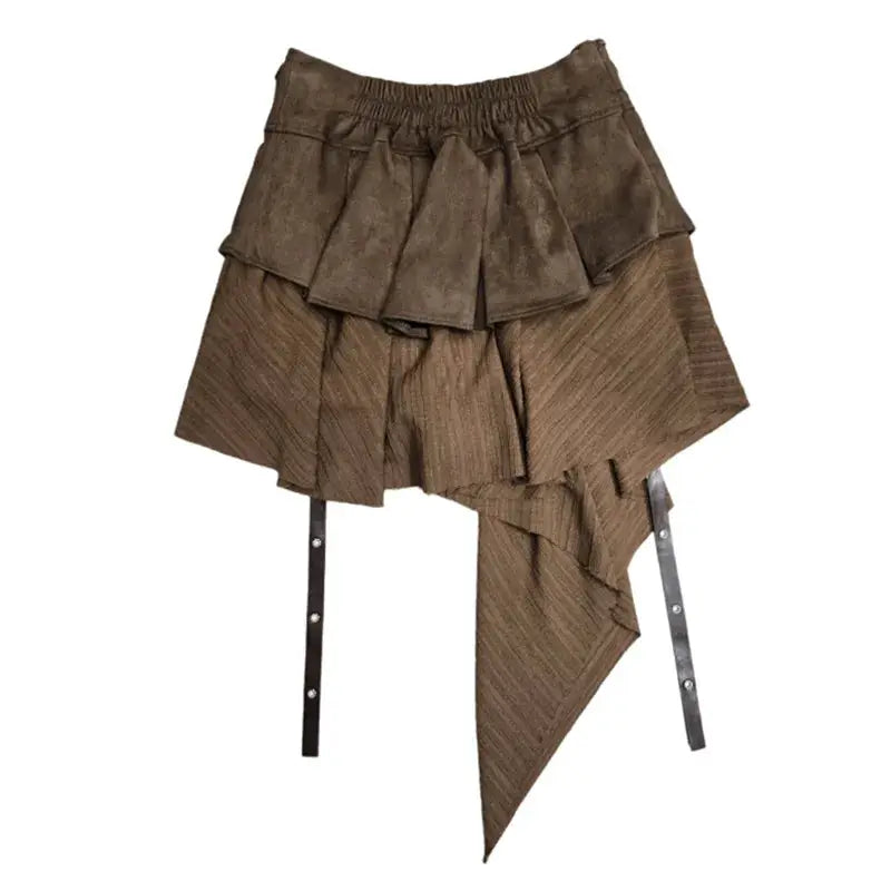 Women's brown layered pleated short skirt with elastic waist and attached strap accents Simples Market