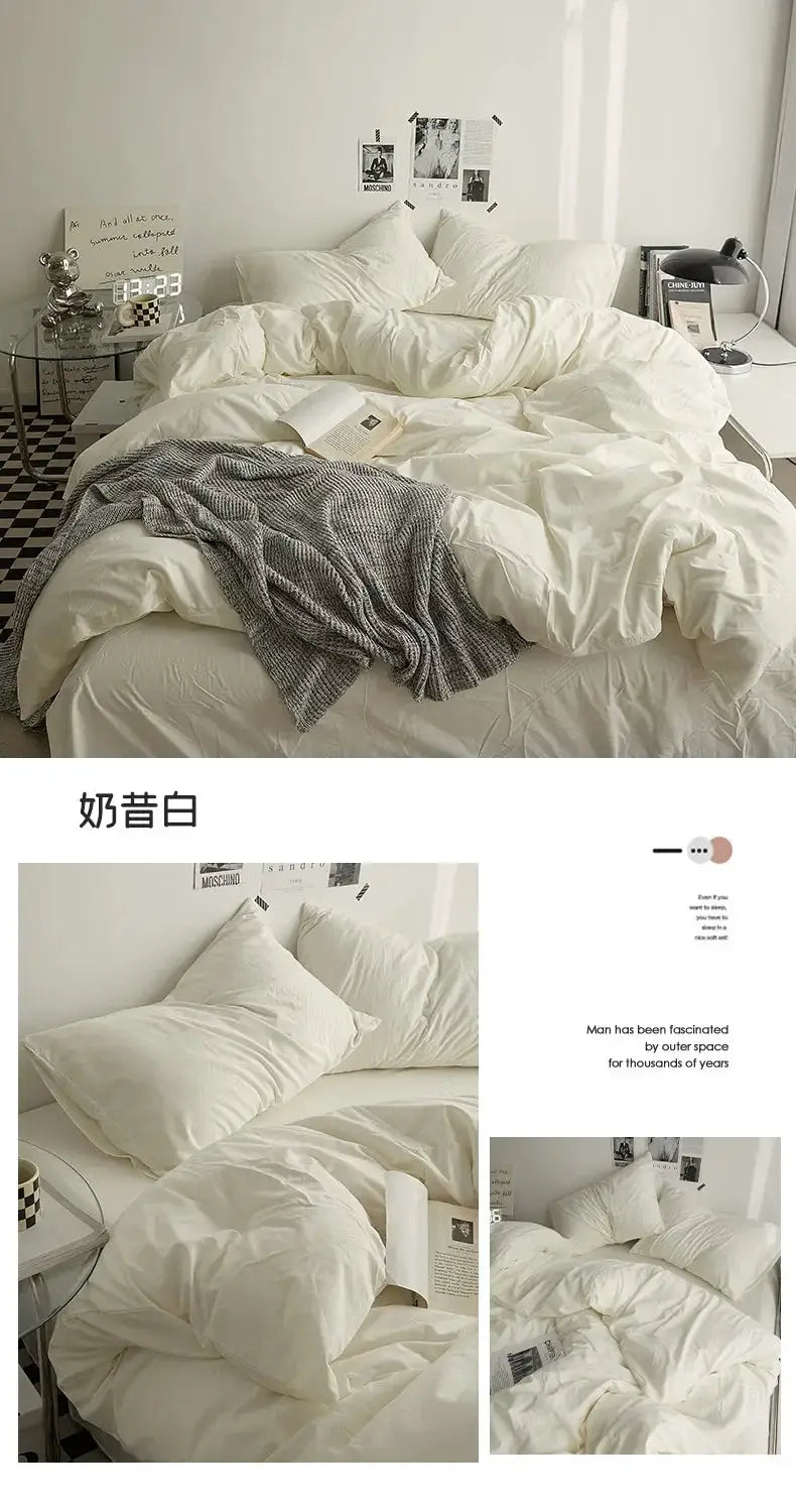Simples Market solid white cotton bedding 4-piece duvet set for dorm beds