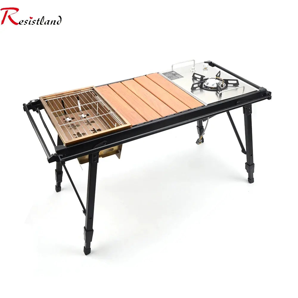 Camping Folding IGT Wood Table With Gas Stove Portable Lightweight Camp Bbq Grill Table For Outdoor Picnics Fishing
