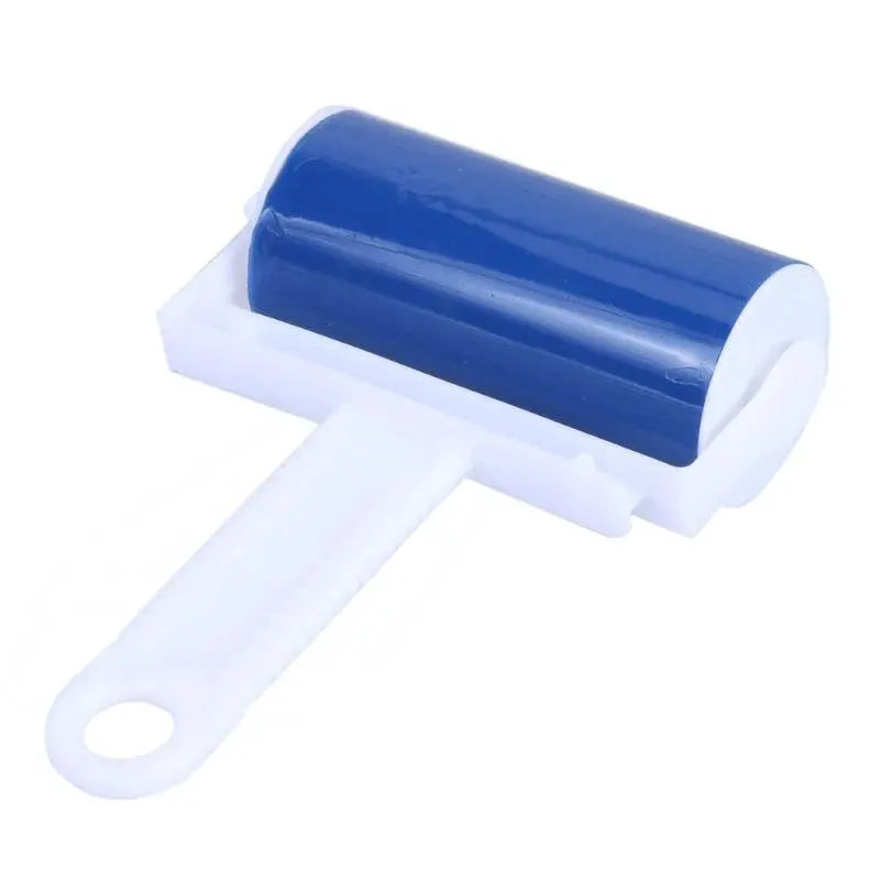 Drum Roll sticky hair remover roller with blue adhesive drum and white handle.