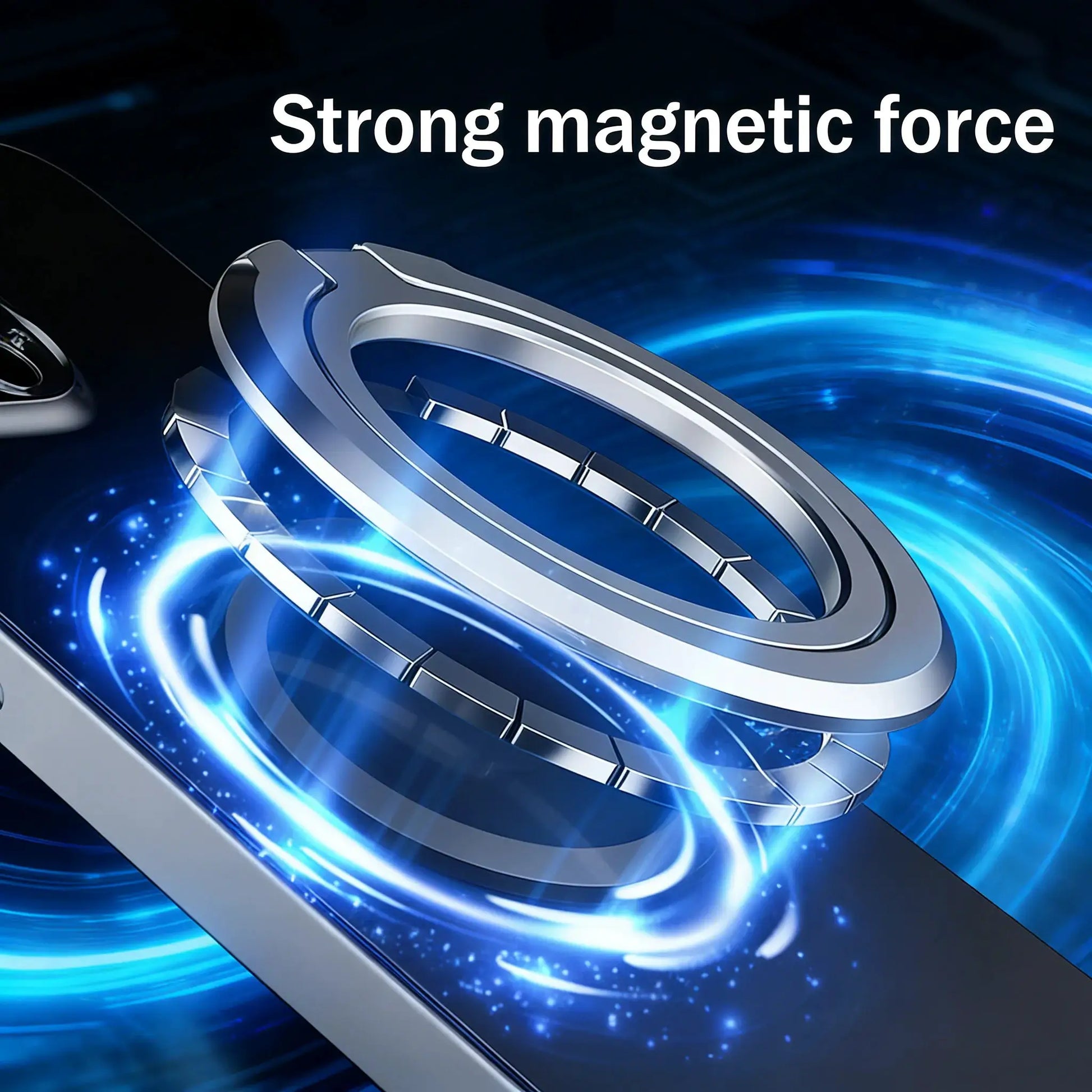 Magnetic phone ring holder, silver metal grip on a smartphone against a blue futuristic background — Simples Market.
