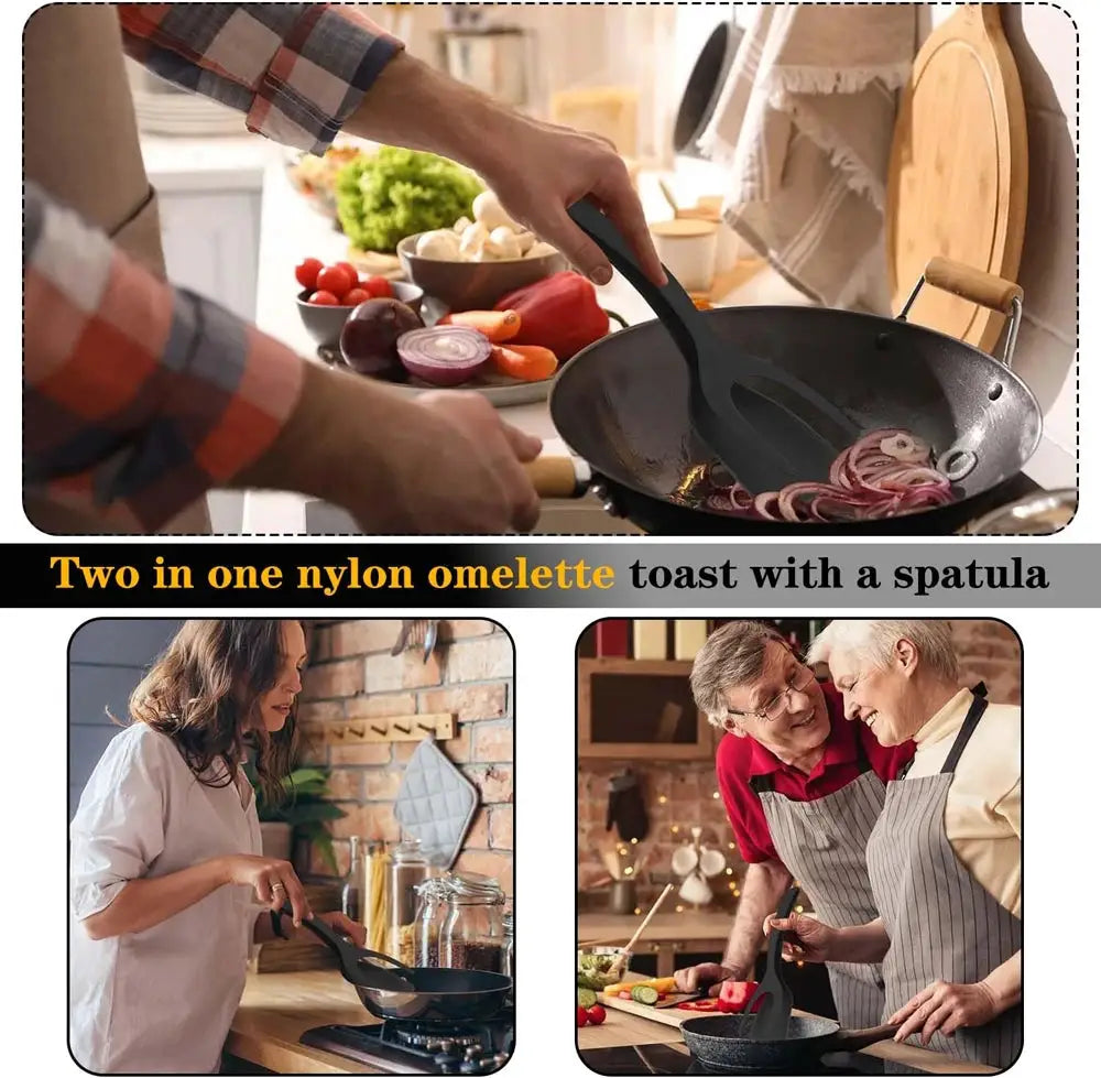 2 In 1 Grip Flip Spatula Tongs Egg Flipper Nylon Nonstick Coating For Pancakes Fish French Toast Omelets