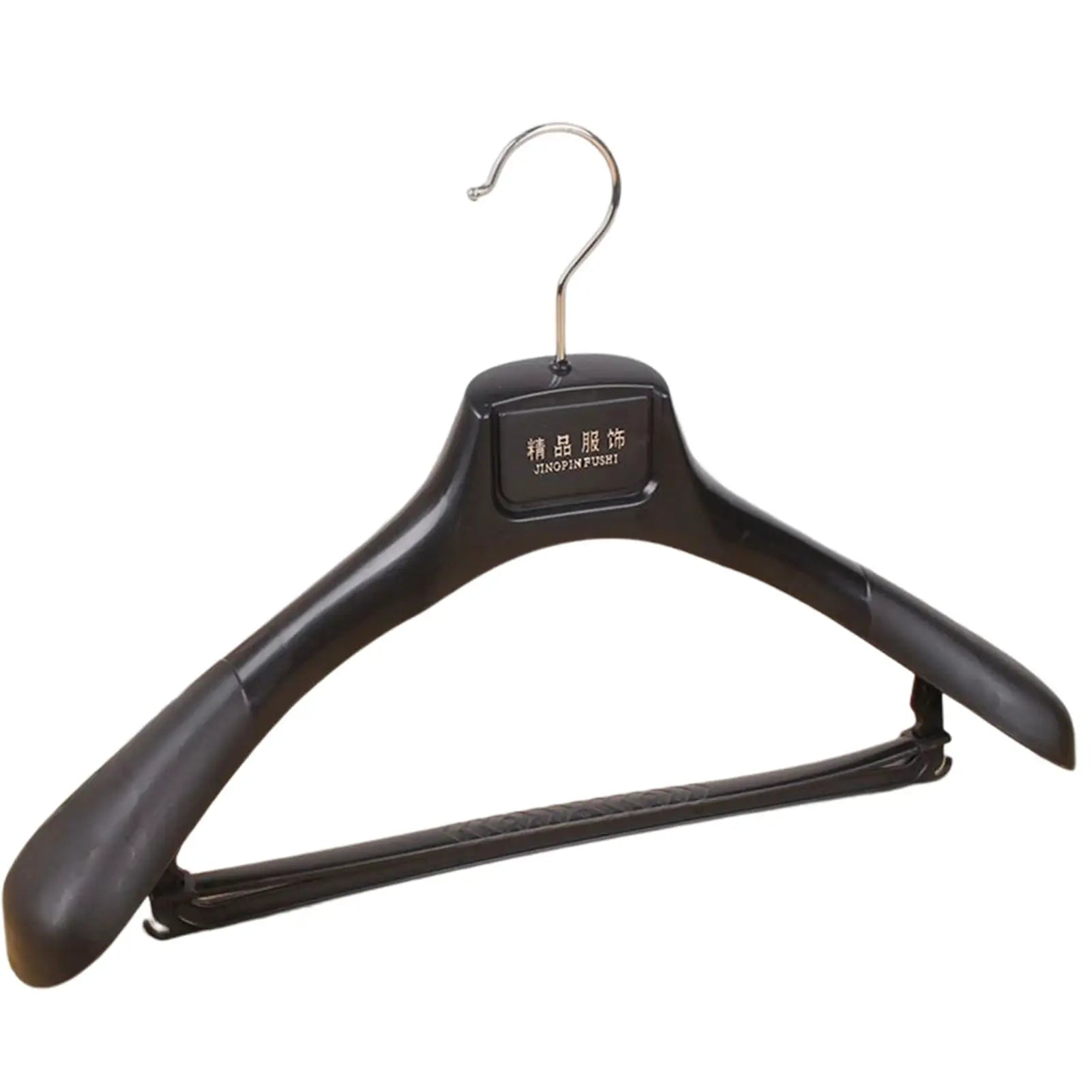 Black plastic wide-shoulder clothes hanger with metal hook