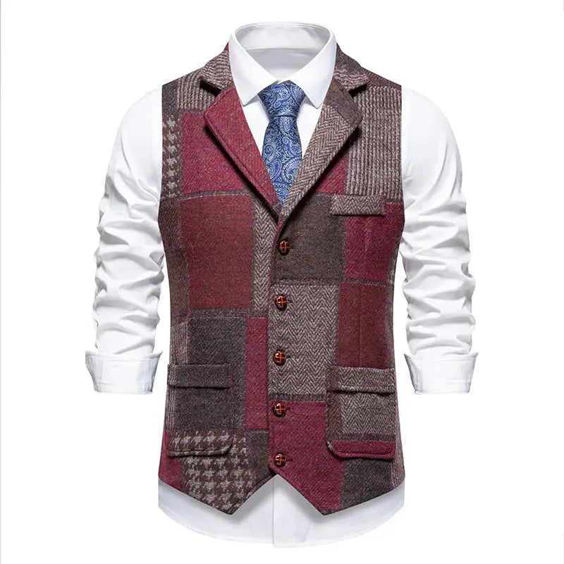 Green patchwork tweed vest for men with lapels, button front, wedding groomsmen style