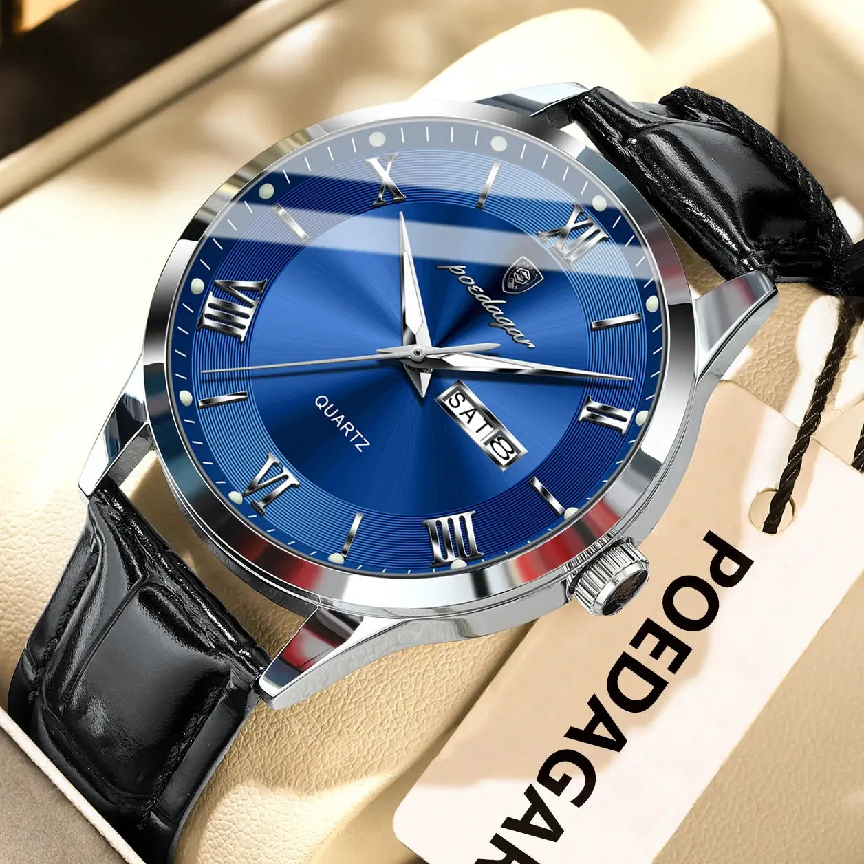 POEDAGAR Original Men Leather Strap Quartz Watch Luminous Waterproof Stainless Steel Case Timepiece