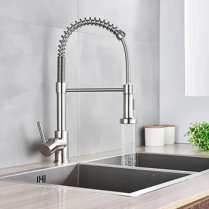 Spring Brushed Nickel kitchen faucet Simples Market, deck-mounted mixer, spring coil pull-down sprayer, 360° rotation