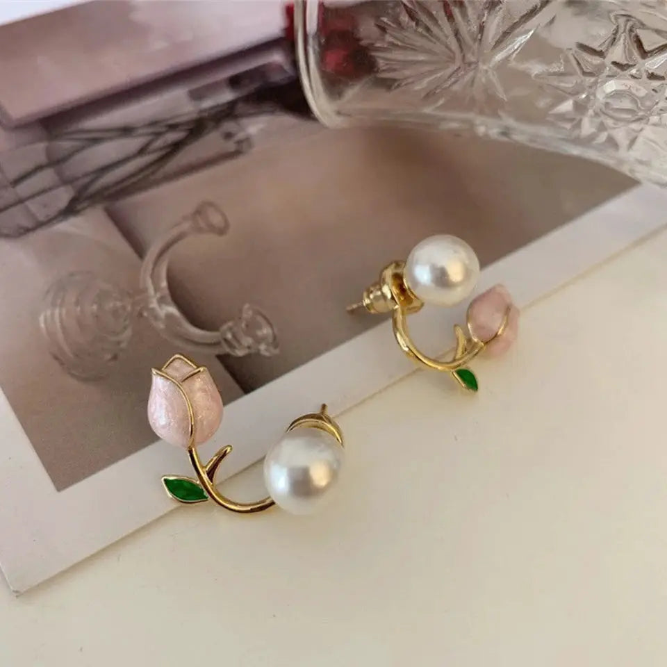 ZAKOL Fresh Rose Stud Earrings With Imitation Pearl Sweet Pink Tulip For Women Trendy Jewelry