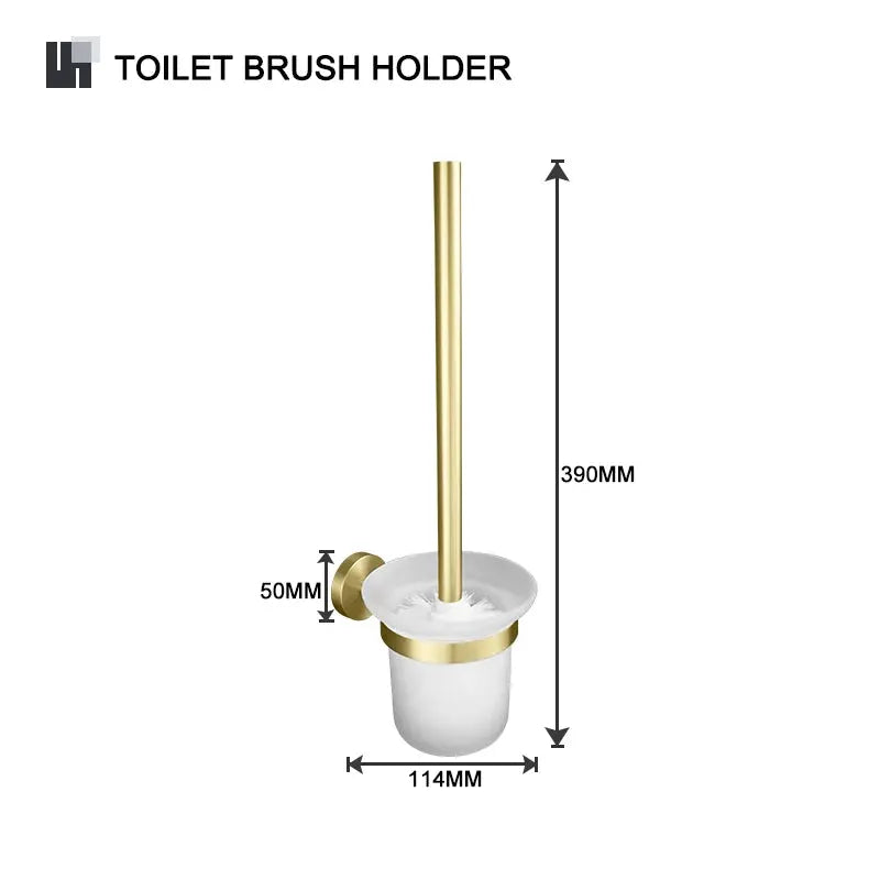 Brushed gold knurled brass toilet brush holder, wall-mounted with white cup, 114mm wide, 390mm tall