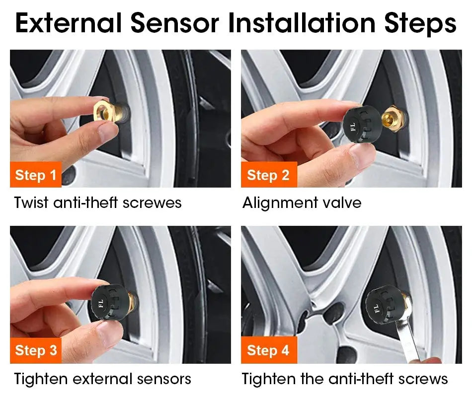 TPMS external sensor installation steps for JMCQ USB Android system by Simples Market, four-step guide