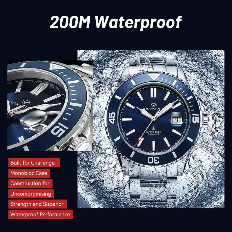 Sea-Gull 200m diver’s watch with blue dial and stainless steel bracelet; automatic movement, Ocean Series