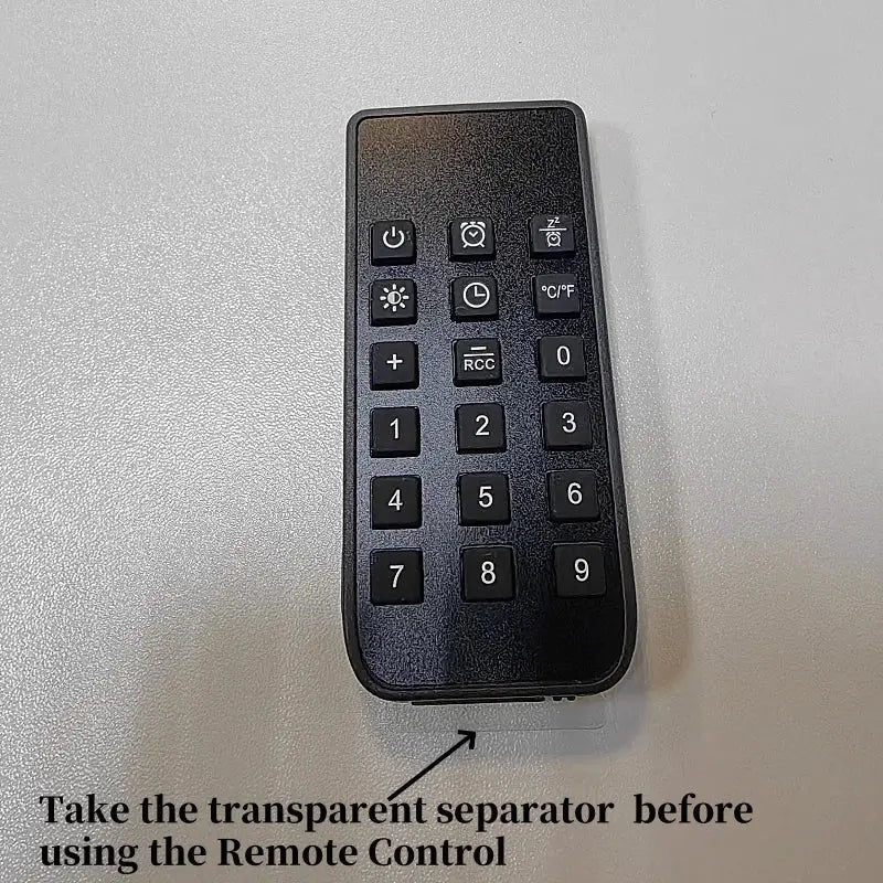 Remote control for large digital wall clock; black with numeric keypad and function buttons