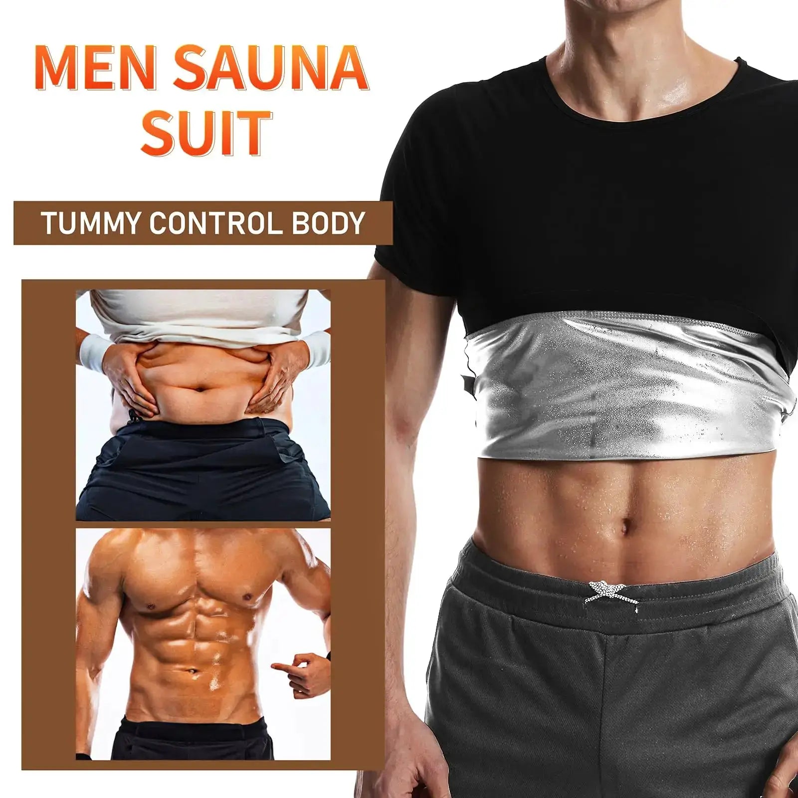 Pop Closets sauna shirt for men; black short-sleeve top with silver metallic waist panel