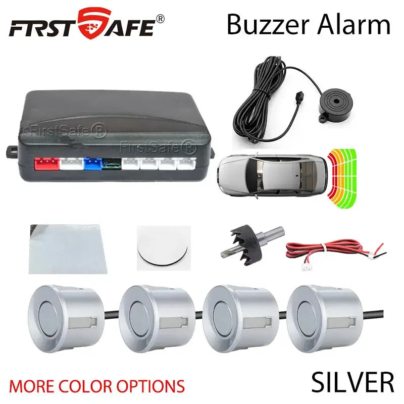 FirstSafe 4-sensor car parking sensor kit by Simples Market with buzzer alarm, silver sensors, 12V