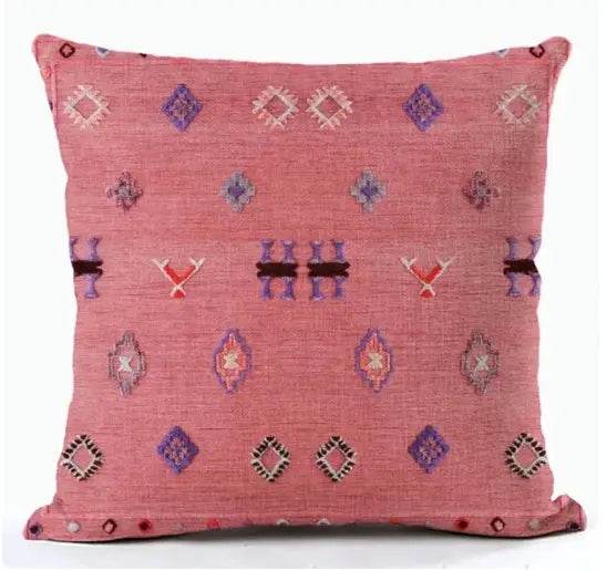 Simples Market Bohemian linen cushion cover in pink with multicolor geometric patterns for living room decor.