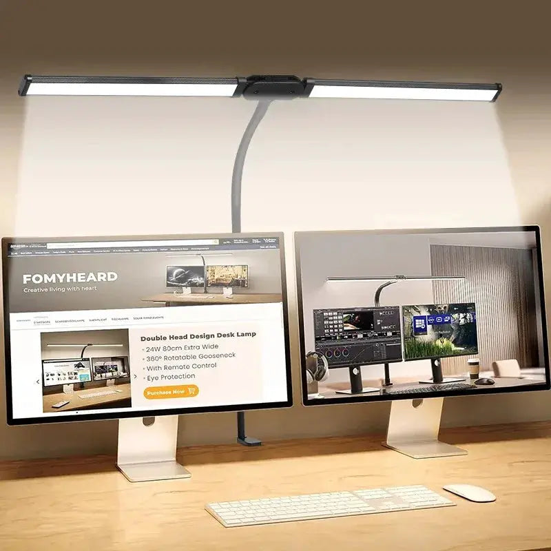 LED desk lamp with dual-head light bar and stepless dimmable adjustable gooseneck over a dual-monitor desk setup.