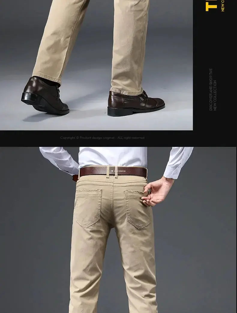 Men's straight pants in khaki cotton stretch; Simples Market business casual trousers, two views.